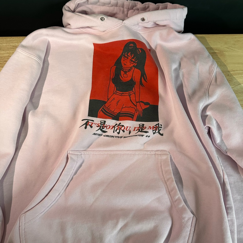 Pink Hoodie with Red anime girl Graphic